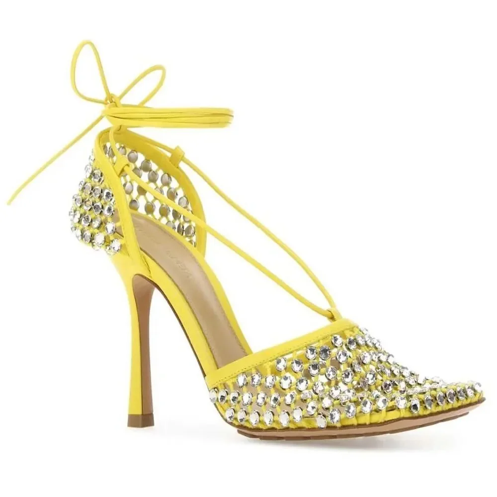 NIB BOTTEGA VENETA yellow sparkle sandal heels lace up size 38.5